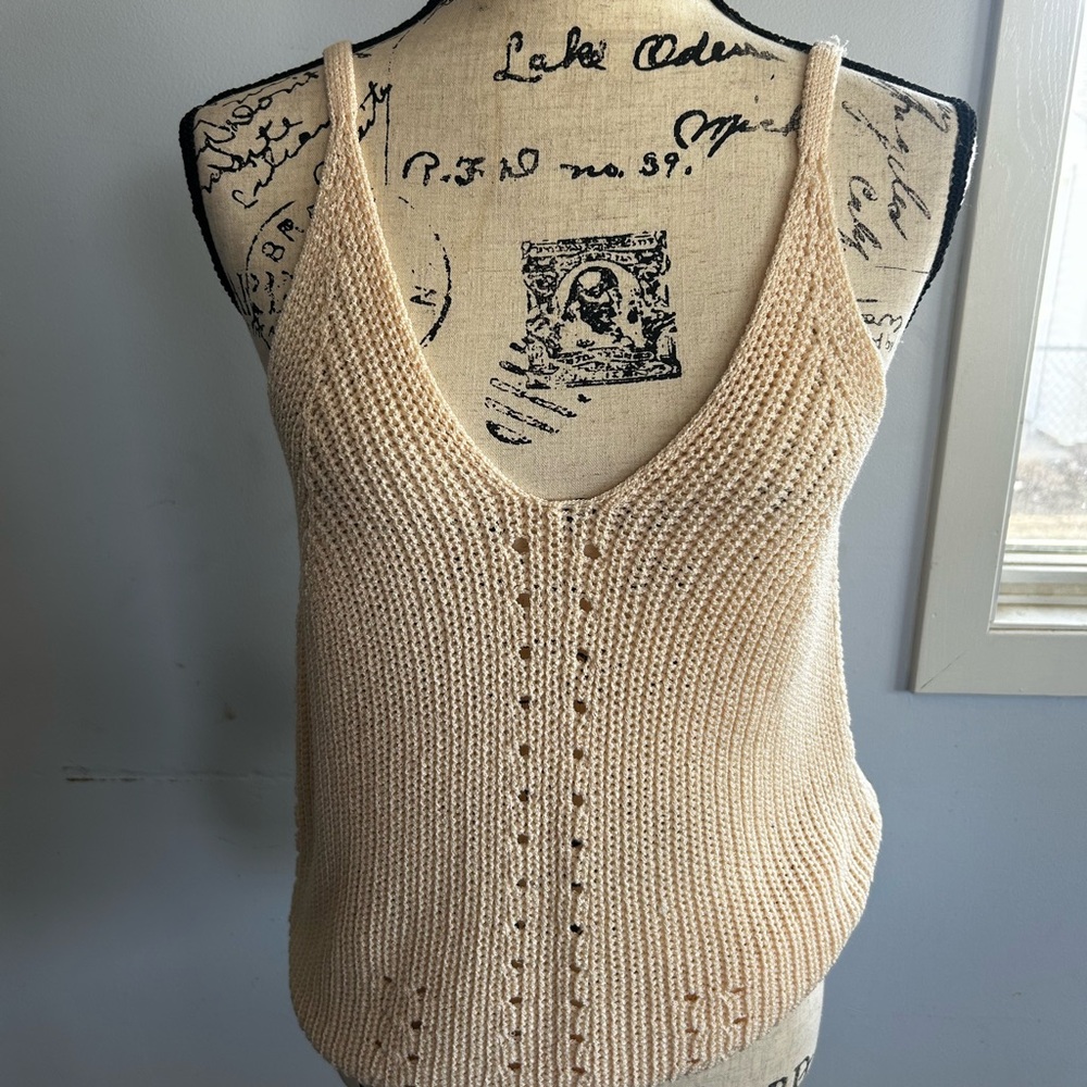 Source Unknown Cream Ribbed Fitted Tank Top crochet open knit bohemian hippie‎